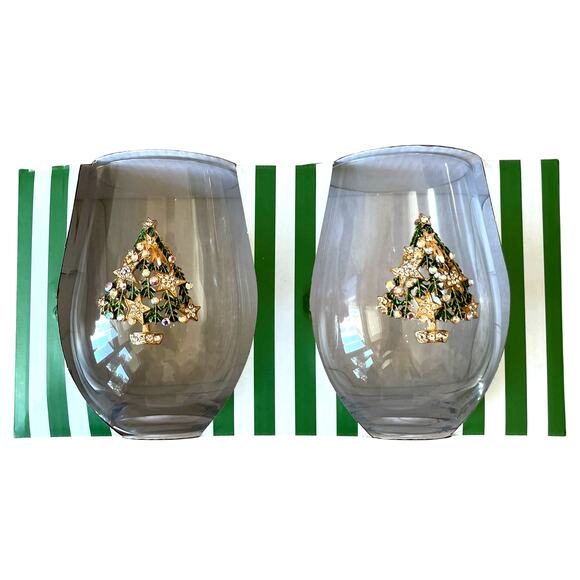 (2) Stemless Wine Glasses Jeweled Christmas Tree Green & Gold Holiday Glam NEW - Picture 8 of 16